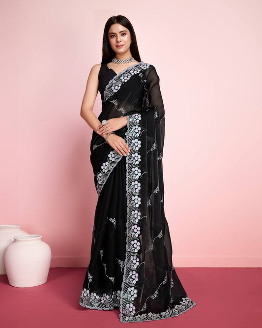 Party Wear Special Black Premium Soft Zimmy Chu Silk Saree.