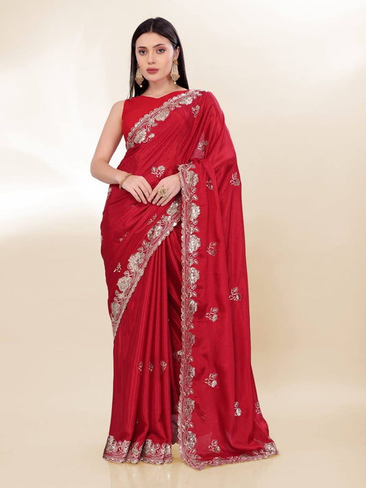 Beautiful Red Chinon Silk Saree Collection.