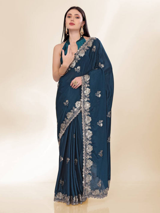 Latest Trendy Designer Blue Chinon Silk Saree Collection.