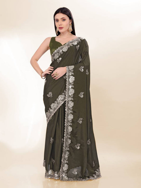 Mehendi Color Chinon Silk Saree Collection.