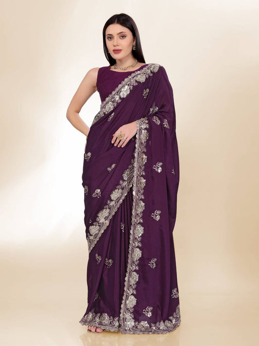 Dark Purple Pretty Designer Chinon Silk Saree Collection.
