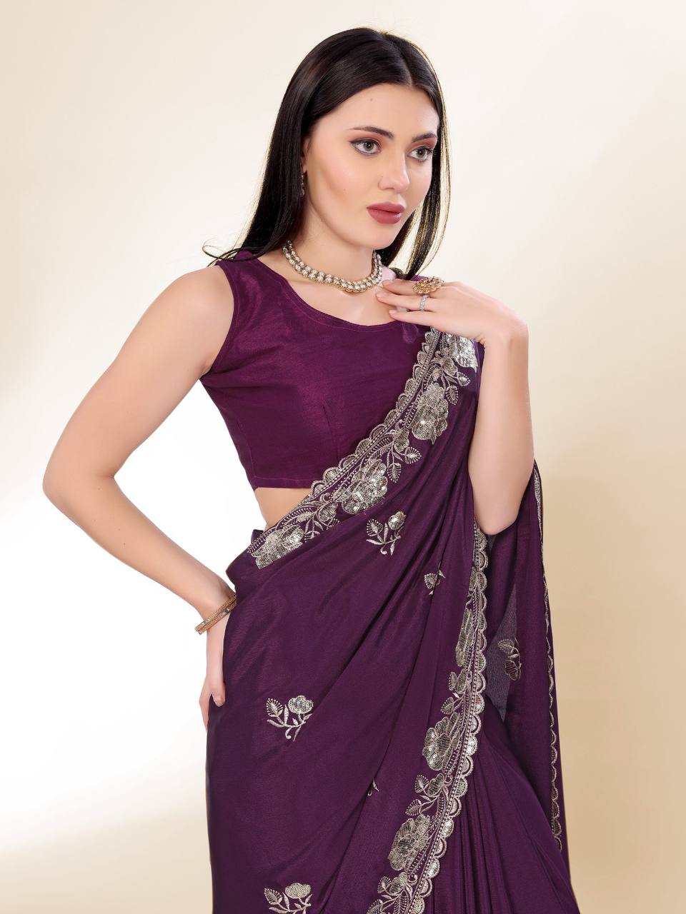 Dark Purple Pretty Designer Chinon Silk Saree Collection.