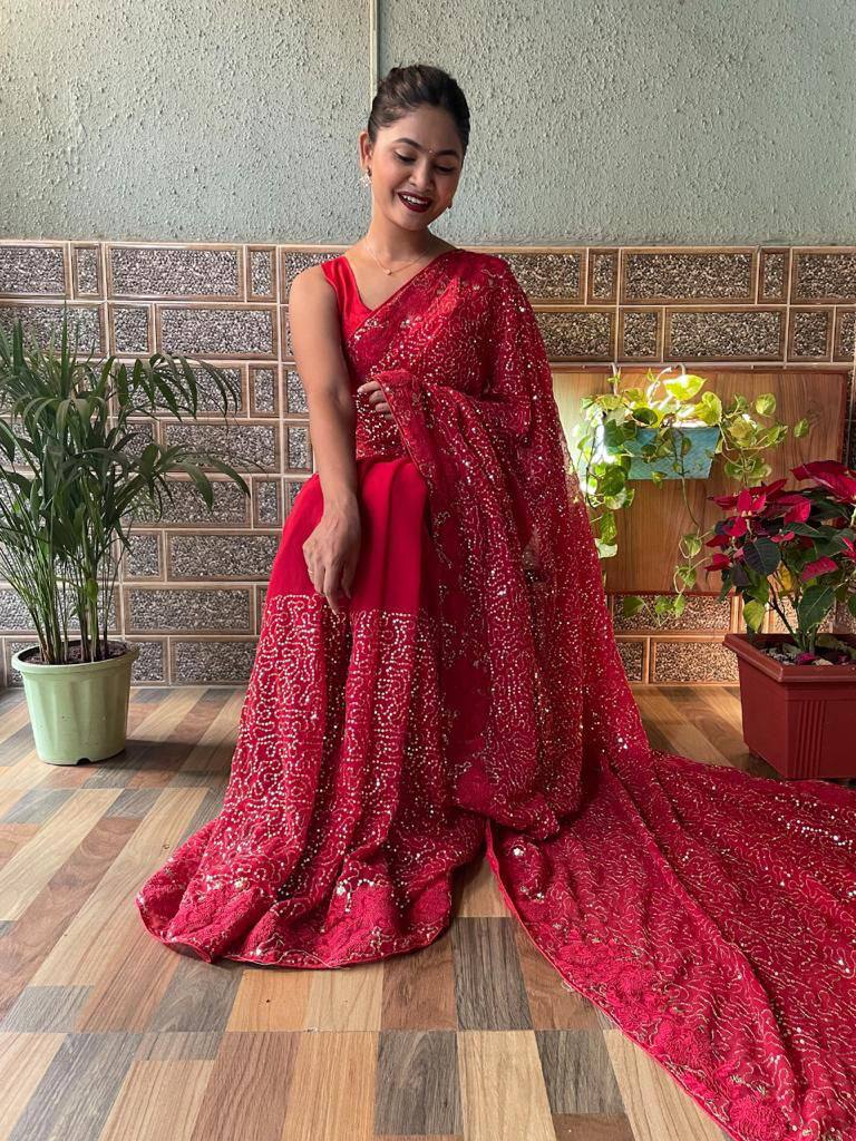 Sequence Party Wear Heavy Georgette Red Saree.