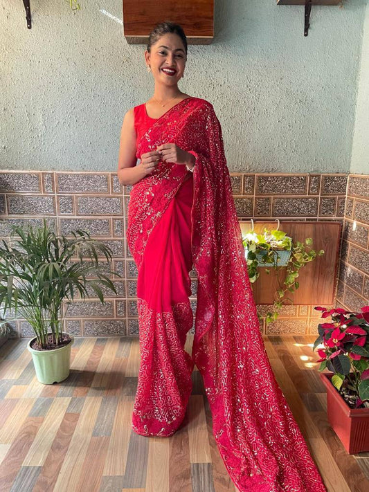 Sequence Party Wear Heavy Georgette Red Saree.