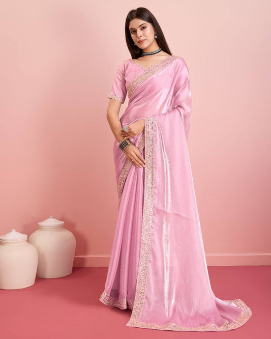 Party Wear Designer Pink Color Premium Soft Zimmy Chu Silk Saree.