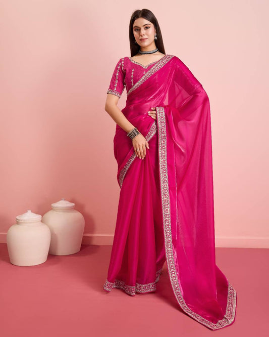 Designer Dark Pink Color Premium Soft Zimmy Chu Silk Saree.