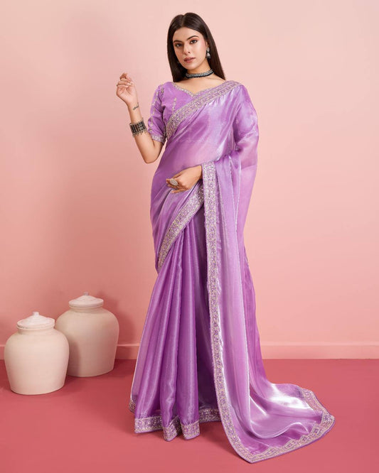 Impressive Designer Lavender Color Premium Soft Zimmy Chu Silk Saree.