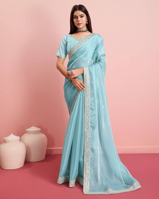 Premium  Designer Sky Blue Color Premium Soft Zimmy Chu Silk Saree.