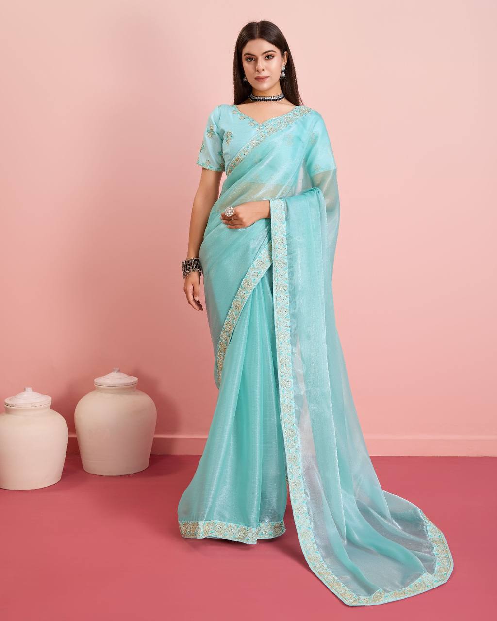 Wedding Special premium Soft Burberry SIlk Sky Blue Color Saree.