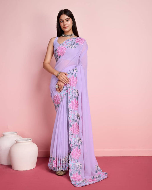 Attractive Designer Heavy Georgette Lavender Saree.