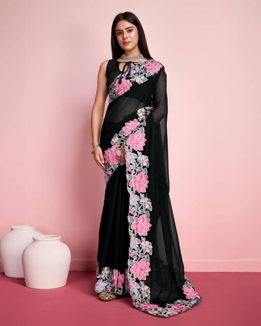 Best Designer Heavy Georgette Party Wear Black Saree.