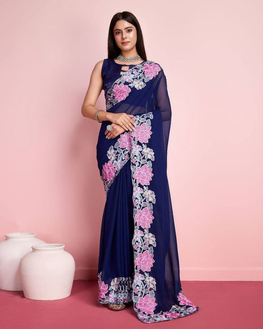 Occasins Wear Special Heavy Georgette Navy Blue Saree.