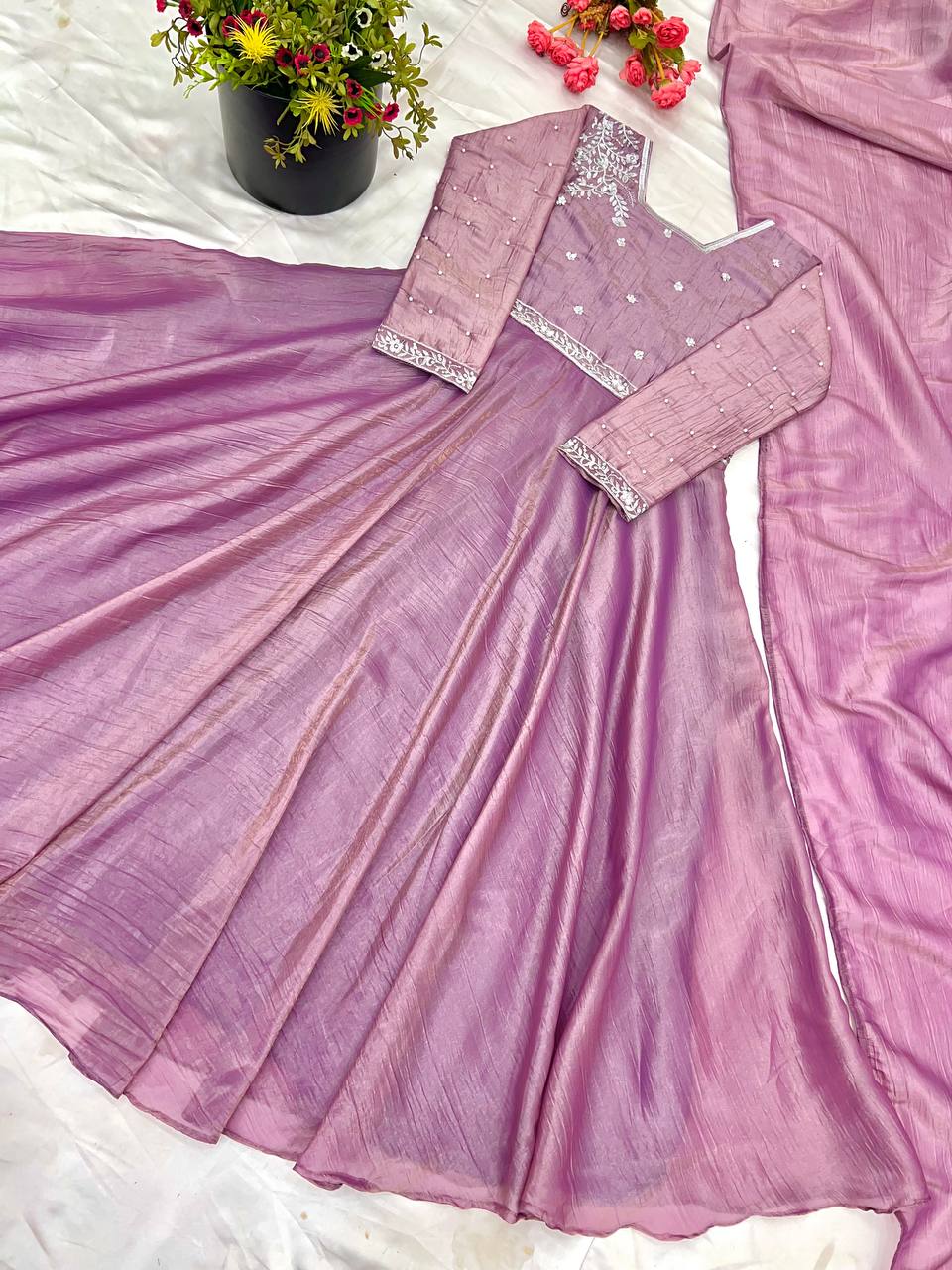 Beautiful Gorgeous Trendy Designer Gold Crush Silk Gown Collection.