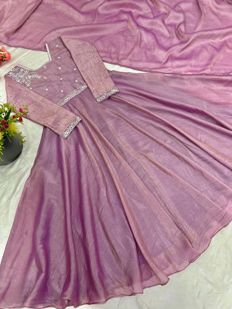 Beautiful Gorgeous Trendy Designer Gold Crush Silk Gown Collection.