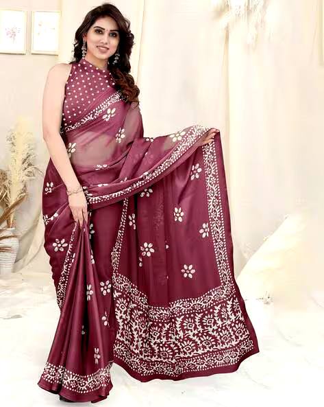 New Designer Batik Print Beautiful Chinon Silk  Maroon Saree Collection.