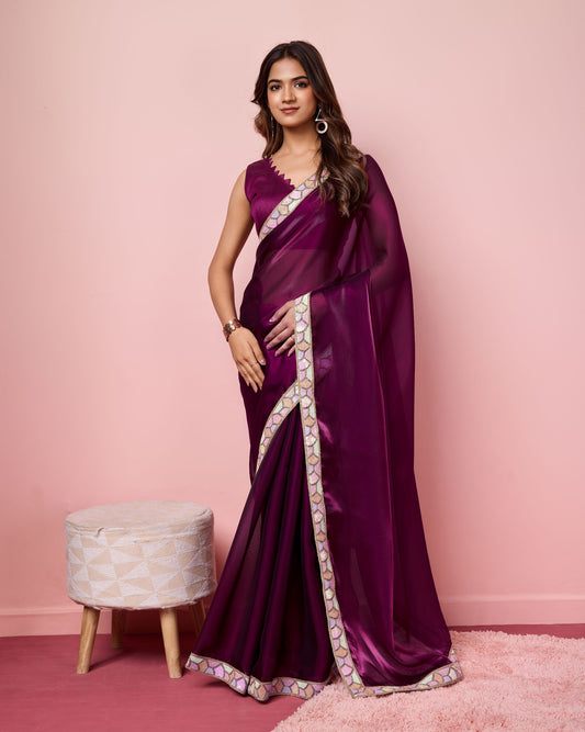 Beautiful Wine Colour Zimmy Choo Saree Collection.