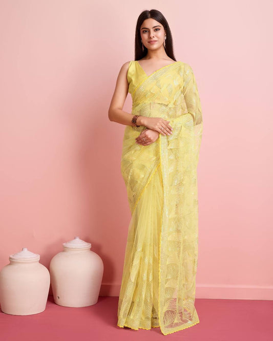 Preety Haldi Function Special  Premium Heavy Soft Net Yellow Saree.