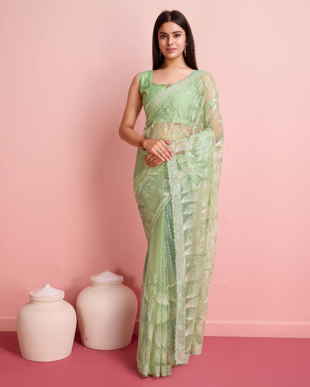 Excellent Designer New Premium Heavy Soft Net Beautiful Pista Color Saree.