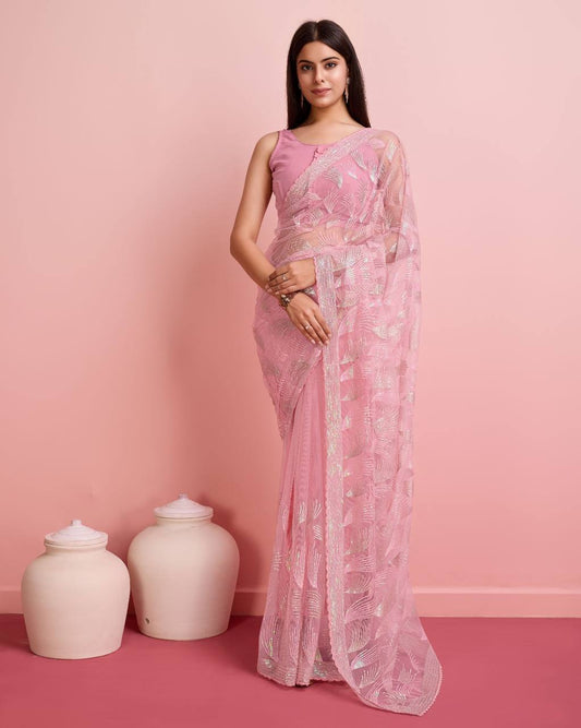 Gorgeous Premium Heavy Soft Net Pink Color Saree.
