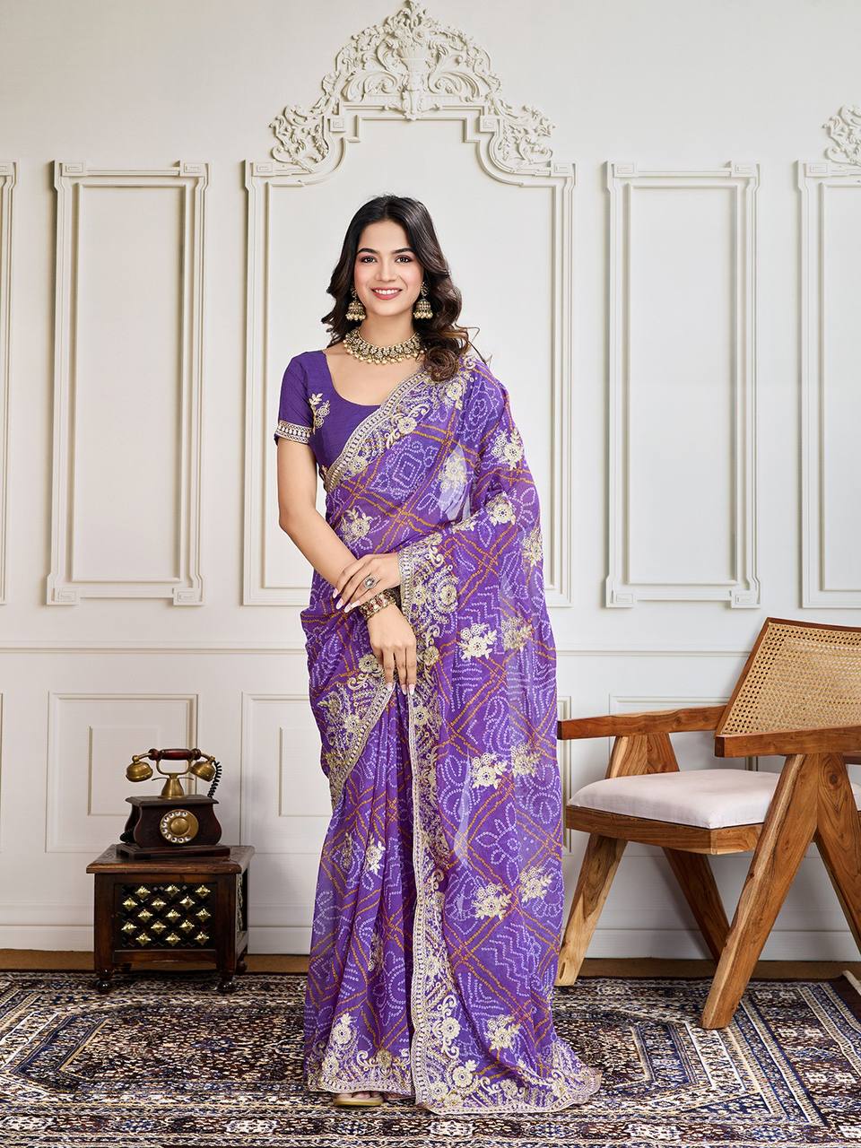 Beautiful Purple Bandhej Saree Collection.