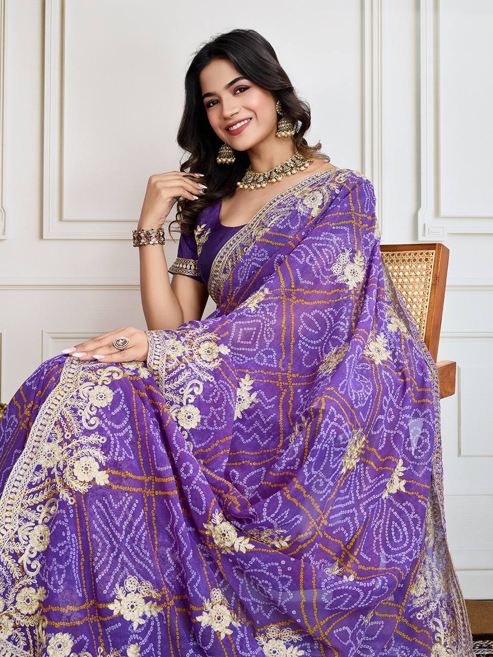 Beautiful Purple Bandhej Saree Collection.