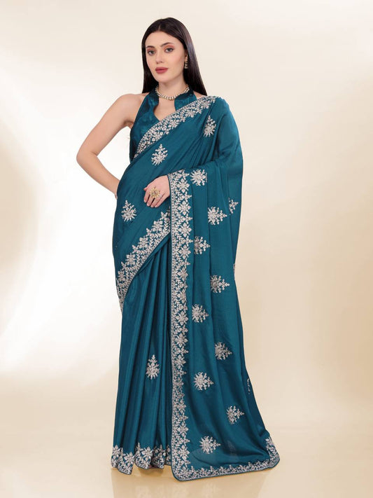 Festival Season Special Blue Chinon Silk Saree Collection.