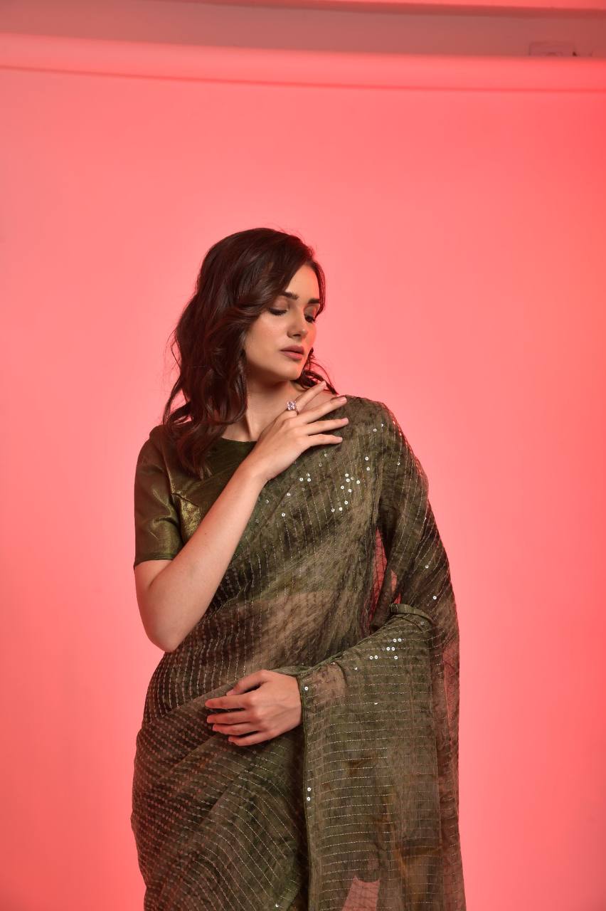 Mehendi Function Special Designer Prijam Print Sequence Saree.