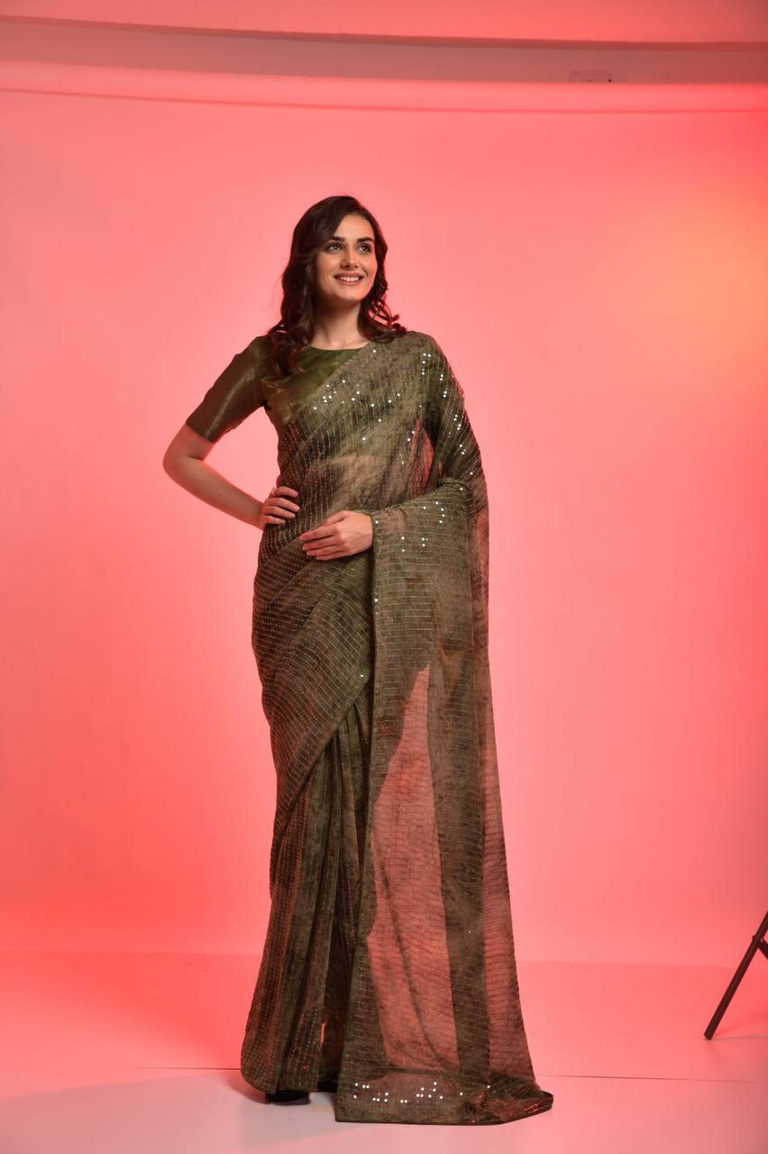 Mehendi Function Special Designer Prijam Print Sequence Saree.