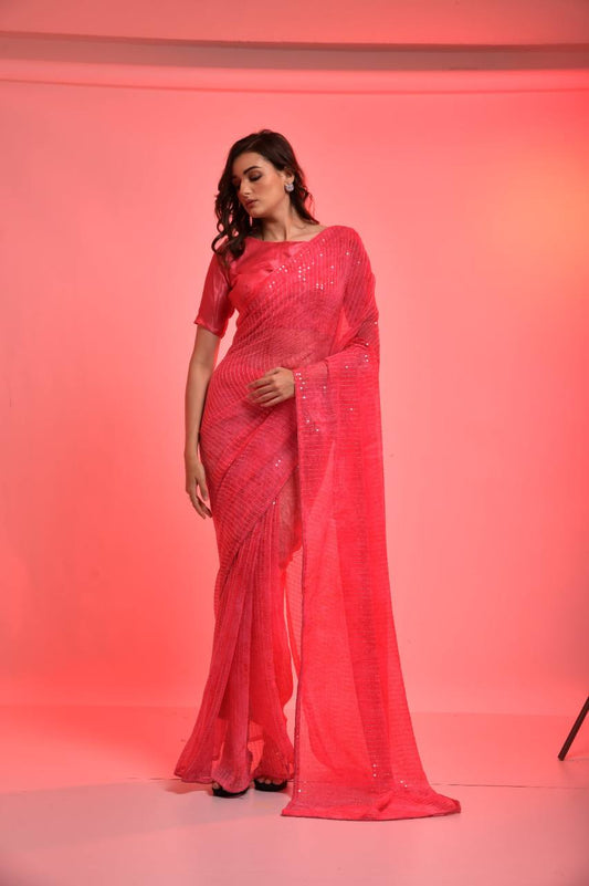 Gorgeous Look Pretty Pink Prijam Print Sequence Saree.