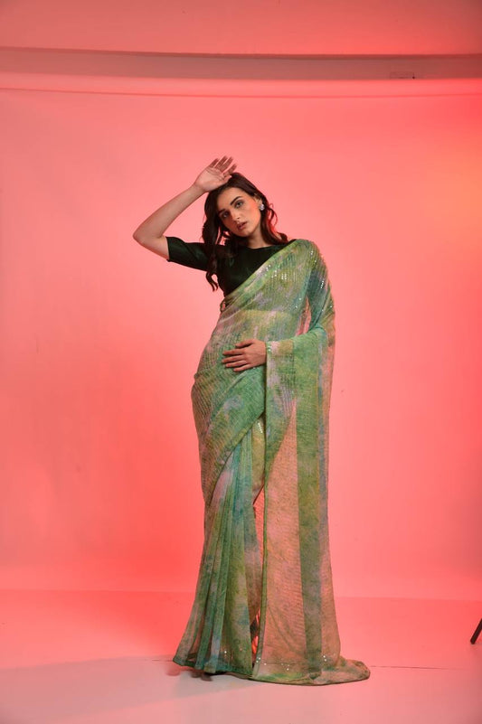 Fabulous Look Pista Color Prijam Print Sequence Saree Collectio