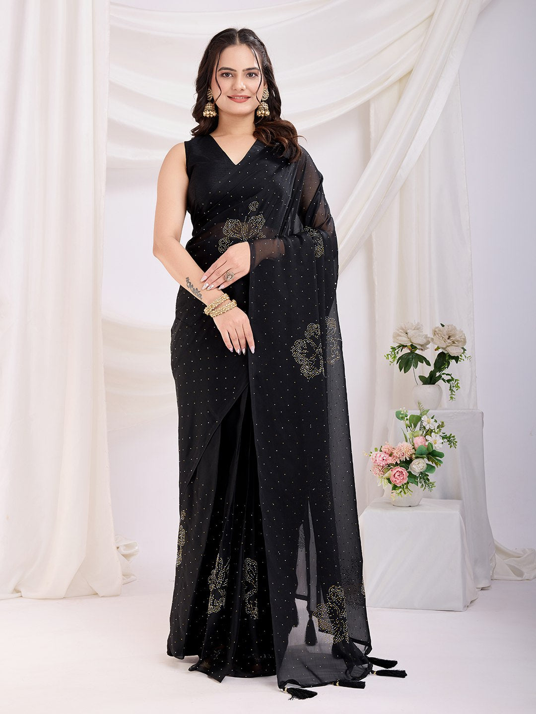 Party Wear Black Ready To Wear Saree Collection.