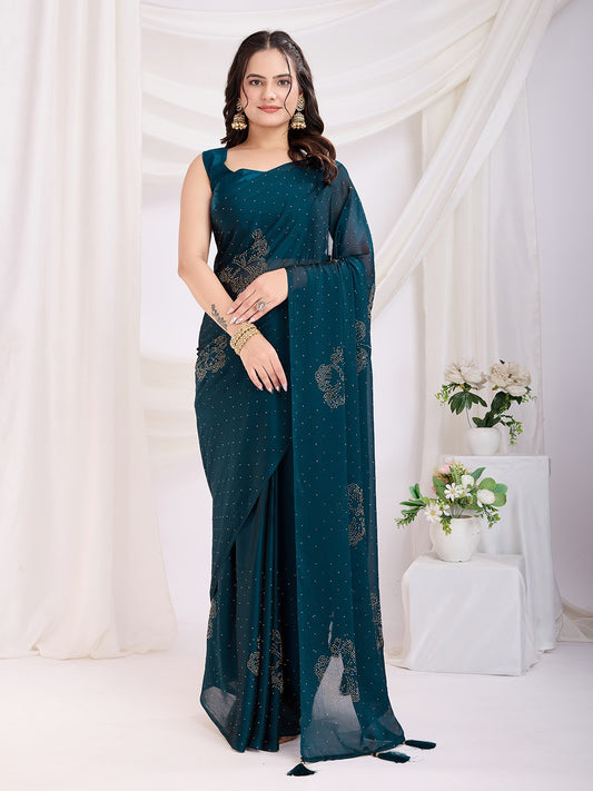Teal Colour Ready To Wear Trendy Saree Collection.