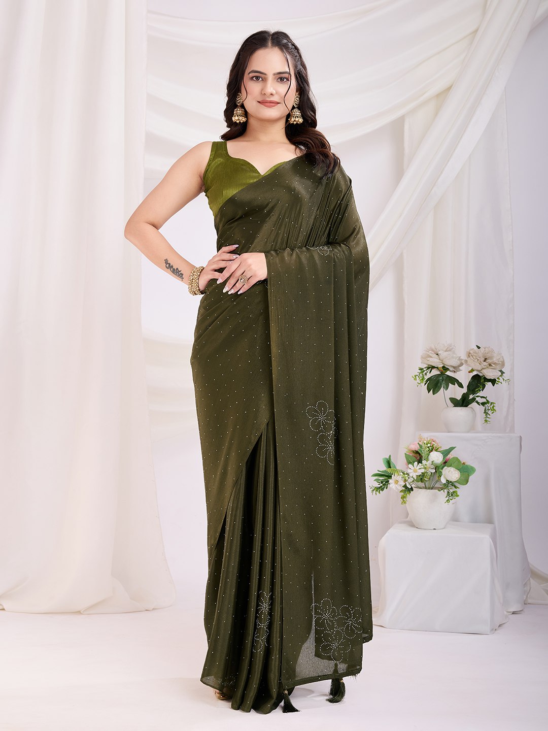 Perfect Mehndi Function Special Green Ready To Wear Trendy Saree Collection.