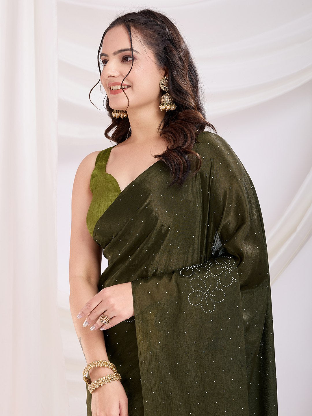 Perfect Mehndi Function Special Green Ready To Wear Trendy Saree Collection.