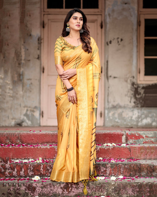 Pure Silk Yellow Color Digital Printed Haldi Occasions Wear Special Saree.