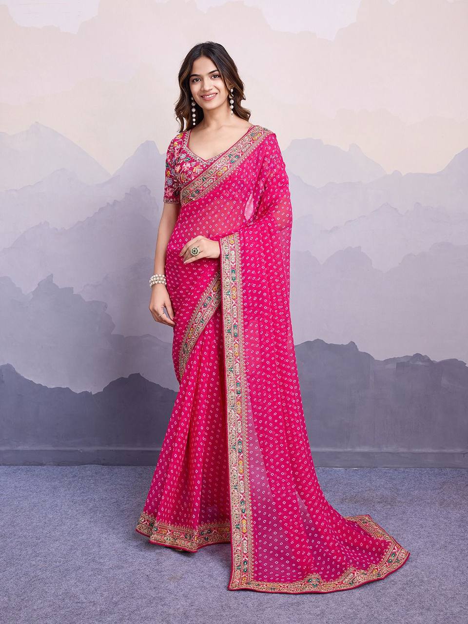 Wedding Functions Special Pink Bandhni Saree Collection.