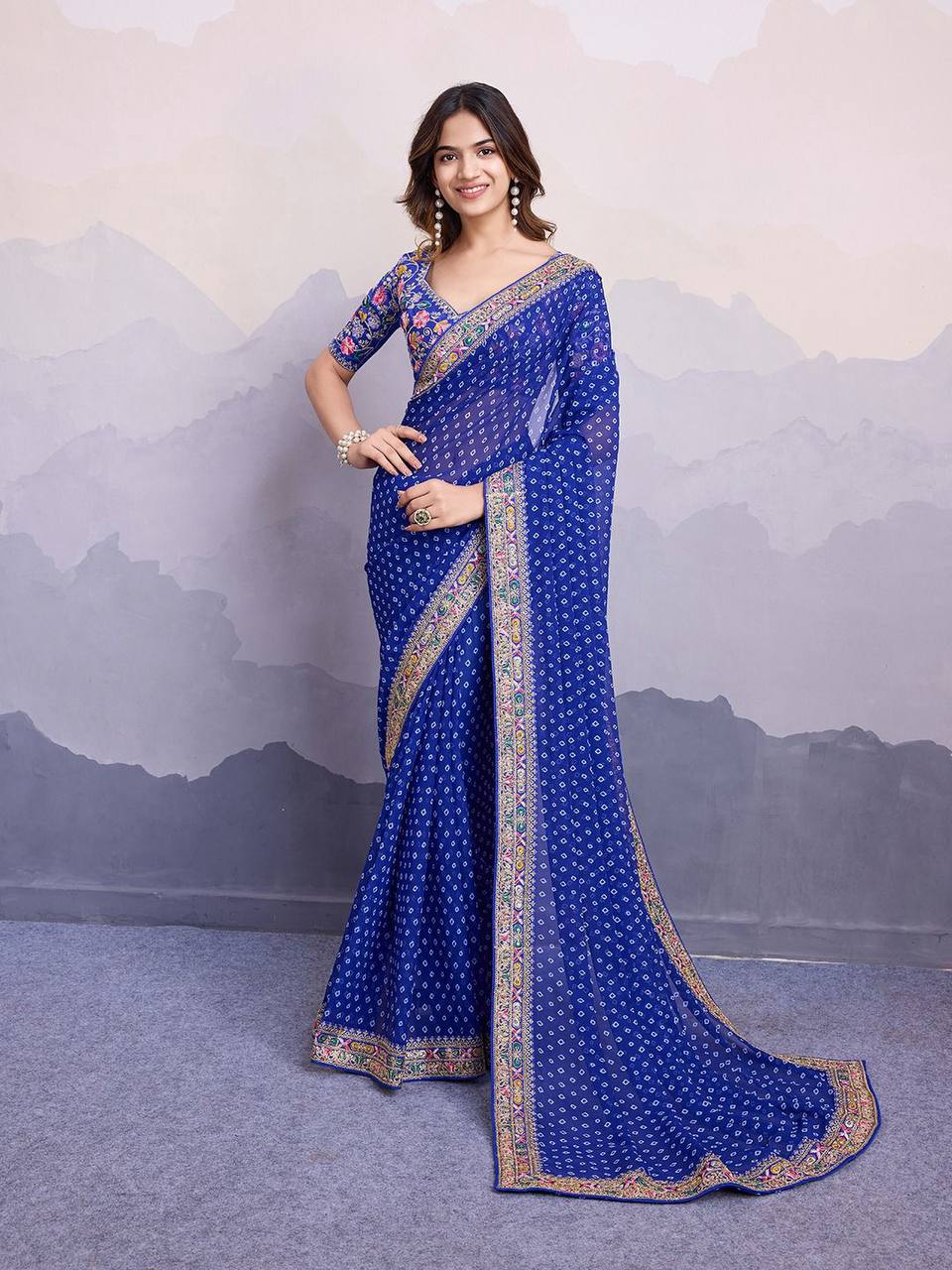 Latest Trending Designer Blue Bandhni Saree Collection.