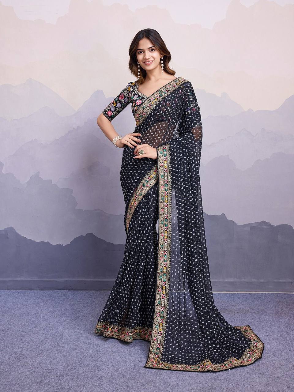 Party Wear Special Black Bandhni Saree Collection.