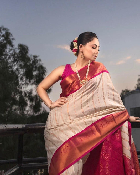 Gorgeous Beautiful look Banarasi Soft Silk White Color Saree.