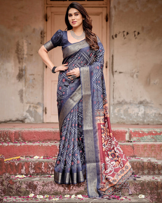 Navy Blue Colors Bandhni Style Pure Silk Saree.