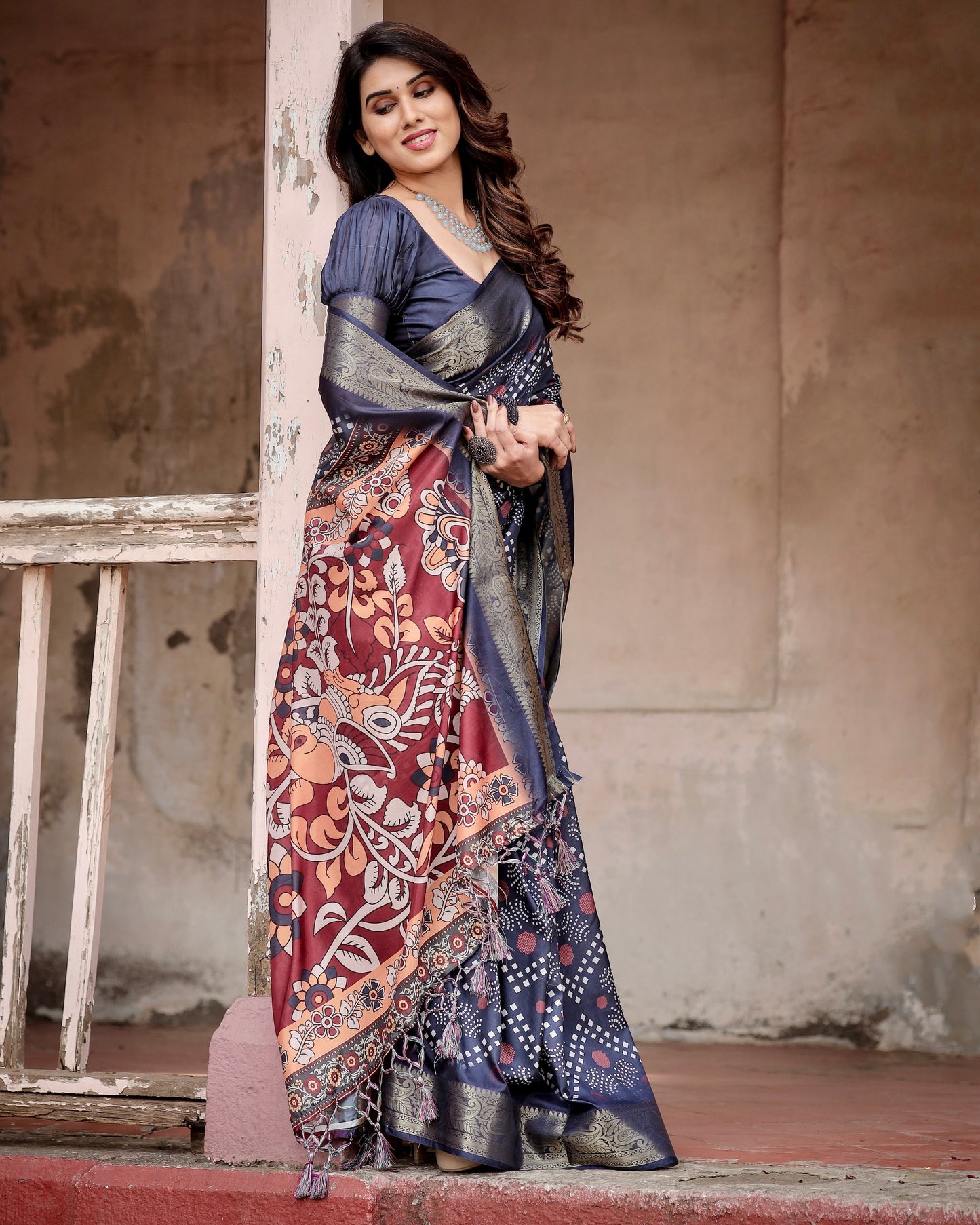 Navy Blue Colors Bandhni Style Pure Silk Saree.