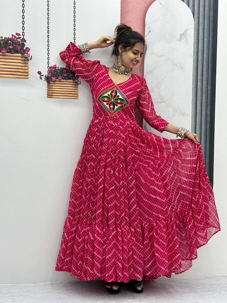 Navratri Festival Special Gamthi work Pink Gown Collection.