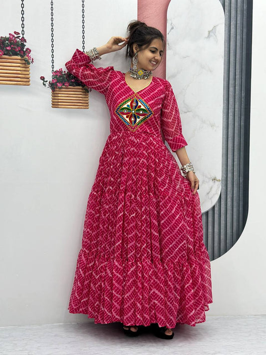 Navratri Festival Special Gamthi work Pink Gown Collection.