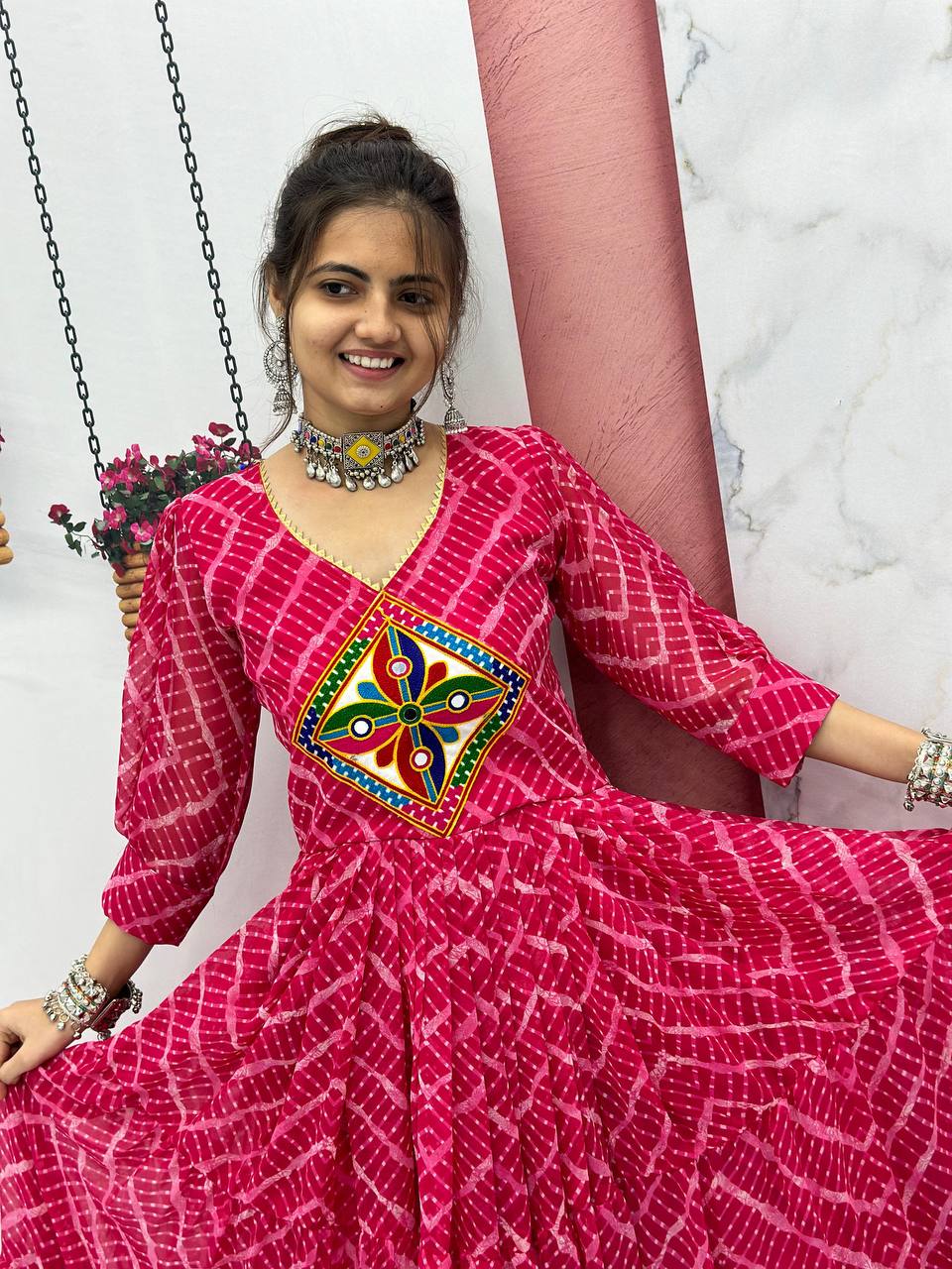 Navratri Festival Special Gamthi work Pink Gown Collection.