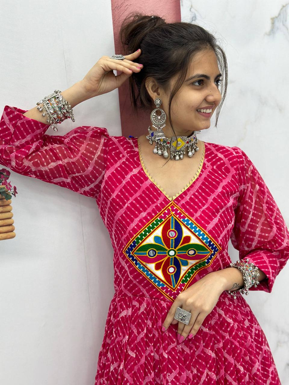 Navratri Festival Special Gamthi work Pink Gown Collection.
