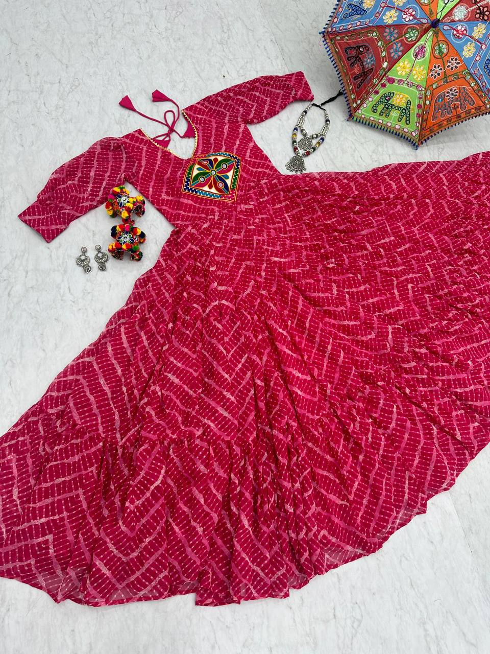 Navratri Festival Special Gamthi work Pink Gown Collection.