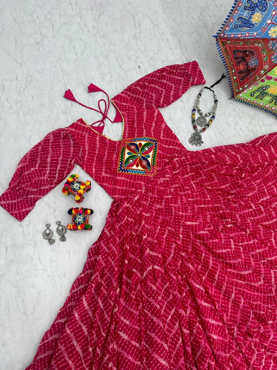 Navratri Festival Special Gamthi work Pink Gown Collection.