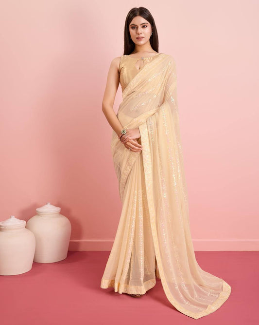 Soft Georgette Embroidered sequences Preety Cream Color Saree.