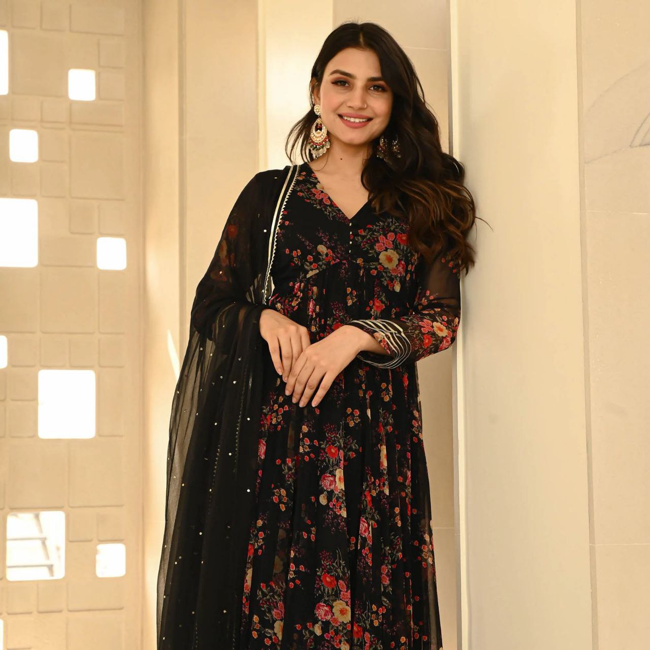 Beautiful Black Floral Printed Anarkali Suit.