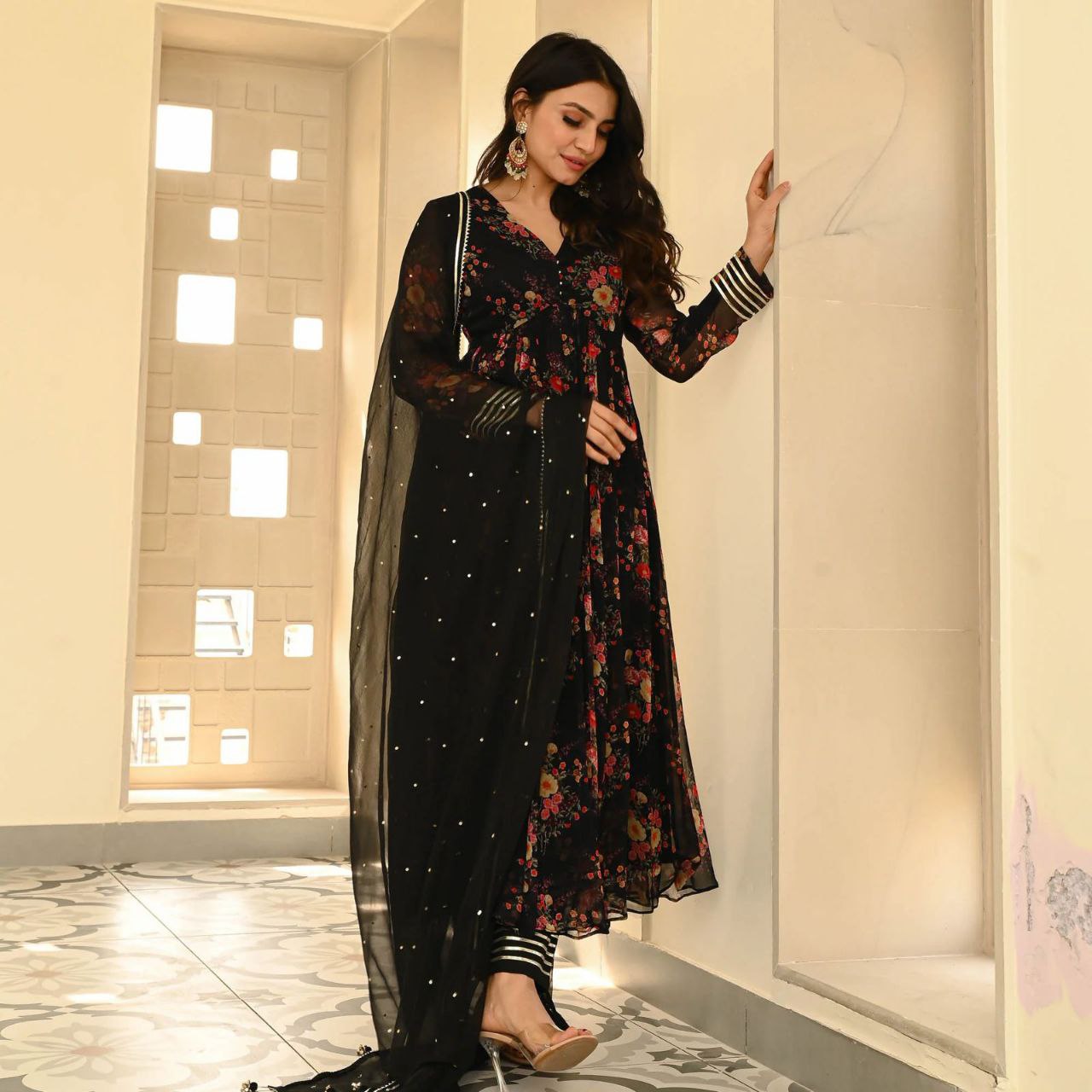 Beautiful Black Floral Printed Anarkali Suit.